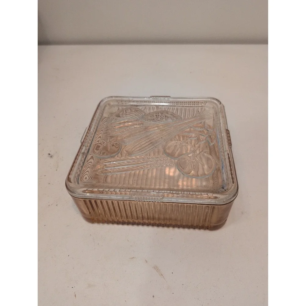 Pink Atlas Glass Vintage Glass Refrigerator Dish Embossed Vegetable + Lid